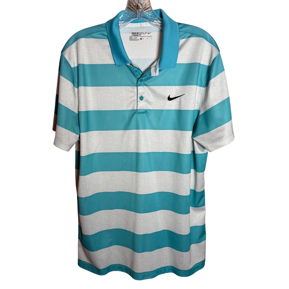 Nike Golf Polo Shirt Mens Medium Teal White Striped Dri-FIT Short Sleeve